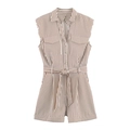 Damen Ärmelloser Jumpsuit mit braunen Streifen, Reverskragen, Knopfleiste und Bindegürtel - XS / Braun Weiß Gestreift