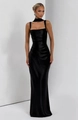 Elegant black satin maxi dress featuring a square neck and bodycon fishtail silhouette - S / Black