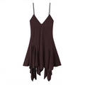 Donkerbruine mini-jurk met spaghettibandjes, V-hals en asymmetrische rucheszoom - S / Bruin
