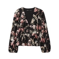 Damen V-Ausschnitt Bluse mit Blumenmuster und Schößchen-Taille in Schwarz - XS / Schwarz