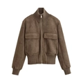 Chaqueta bomber de ante sintético marrón para mujer con puños acanalados y bolsillos - XS / Camel