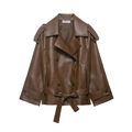 Elegante bruine korte trenchcoat van kunstleer met reverskraag en strikceintuur - XS / Donkerbruin