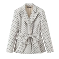 Retro white polka dot blazer for women featuring a large bow belt and three buttons - XS / Tops / Cream White Black Polka Dot