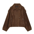 Detail of dark brown faux suede jacket featuring lapel collar and metal snap buttons - XS / Dark Brown