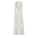 Sleeveless cream slim fit dress with square neck and V-notch detail for women - S / White