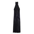 Elegantes schwarzes Satin-Maxikleid mit Neckholder und seidig glänzendem Finish - XS / Schwarz