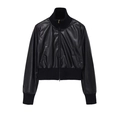 Women's black faux leather bomber jacket with ribbed high collar and gold zipper closure - XS / Black