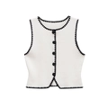 Elegant sleeveless cream vest with scalloped black contrast trim and front buttons - S / Knitted Button Vest