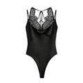 Eleganter schwarzer Satin-Body mit floraler Spitze und schicken Schnürdetails am Rücken - XS / Schwarz