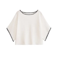Elegant cream knit cropped top with black contrast stitching and stylish wide batwing sleeves - S / Knitted Long Sleeve Top