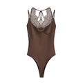 Eleganter dunkelbrauner Satin-Body für Damen mit Blumen-Spitze und dünnen Trägern - XS / Kaffeebraun