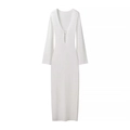 Detail view of the deep V-neckline with metal buckle on white knitted long sleeve dress - White