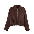 Giacca da donna marrone scuro in finta pelle scamosciata con zip, colletto polo e bordo - S / caffè