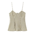 Ärmelloses gelbes Gingham-Oberteil mit Spitzenbesatz und Ziernähten für Damen - XS / Gelb Kariert