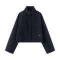 Women's black cropped stand-collar utility jacket with flap pockets and D-ring detail - XS / Black