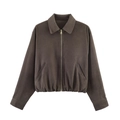 Giacca in pelle scamosciata color moka con cerniera, colletto polo e orlo elastico - S / Cachi Scuro