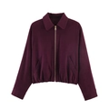 Giacca casual da donna in finta pelle scamosciata viola scuro con zip e colletto polo - S / Borgogna