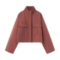 Women casual stand collar utility jacket in dark brick red with large flap pockets - XS / Brick Red
