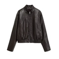 Women's dark brown faux leather jacket with stand collar and zipper closure - XS / Reddish Brown
