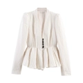 Giacca a righe da donna con scollo a V profondo e orlo a peplo in bianco e nero - XS / Bianco sporco con strisce nere