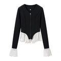 Nauwsluitende top met lange mouwen, contrast kant en ritssluiting in zwart-wit - S / Zwart-wit Patchwork