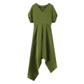 Olive green V-neck dress with puffy short sleeves and asymmetric hem on white background - S / Green