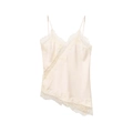 Elegante top de satén crema con ribete de encaje y dobladillo asimétrico de mujer - XS / Blanco lechoso
