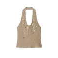 Top estilo halter de punto acanalado para mujer con botones decorativos de colores - S / Camel