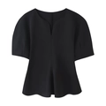 Top a peplo nero da donna con maniche corte e scollo a V unico in uno stile minimalista - XS / Nero
