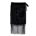 Elegant black velvet wrap skirt with floral flocking and stylish fringe hem detail - S / Black