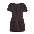 Vestido corto marrón oscuro de moda con mangas abullonadas y cintura entallada - XS / Marrón
