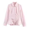 Camisa rosa de manga larga con cuello de solapa y dobladillo peplum para mujer - XS / Rosa