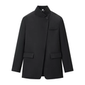 Minimalist black asymmetrical blazer with stand collar and decorative flap pockets - S / Black