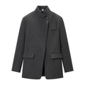 Women's dark grey high collar blazer with asymmetric single button and pocket details - S / Dark Gray