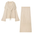 Conjunto de punto beige pointelle con top de manga larga y falda larga con lazo - S / Albaricoque