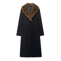 Women's black wool coat with luxurious vintage brown faux fur collar for autumn wear - S / Black