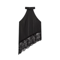 Elegante top a lupetto nero con orlo asimmetrico e dettagli in pizzo floreale - XS / Nero
