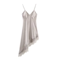 Champagne satin camisole dress with lace trim and asymmetrical hem in flat lay view - XS / Dark Beige