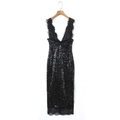 Abito midi aderente con paillettes nere con pizzo elegante e scollo a V profondo - S / Nero