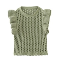 Sage green knitted vest with layered ruffles and openwork crochet texture on white background - S / Green