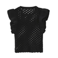 Women's black hollow-out knit top with chic layered ruffle sleeves and round neckline - S / Black