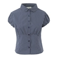 Dettaglio camicia a maniche corte blu navy a pois con colletto a rever e bottoni - Taglia S / Blu scuro