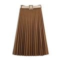 Detail of pleated midi skirt in brown with a cream wide belt and metallic buckle - Tan