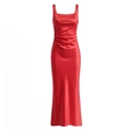 Detail of red satin dress featuring refined side pleating and elegant silk texture - XS / Red