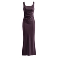 Detail of dark purple satin evening dress featuring elegant side waist ruching texture - XS / Dark Brown