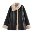 Giacca da donna in ecopelle nera con colletto e polsini oversize in shearling sintetico - XS / Nero e Beige