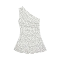 Détail d'une robe d'été asymétrique à pois noirs avec un ourlet à volants élégant - Blanc