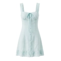 Light blue summer strap dress with white lace trim and front buttons in a sweet style - S / Light Blue