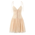 Close-up of apricot lace dress with floral embroidery, corset lacing, and sequins - S / Nude