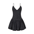 Detail of black V-neck dress featuring textured floral jacquard fabric and bubble hem - Black